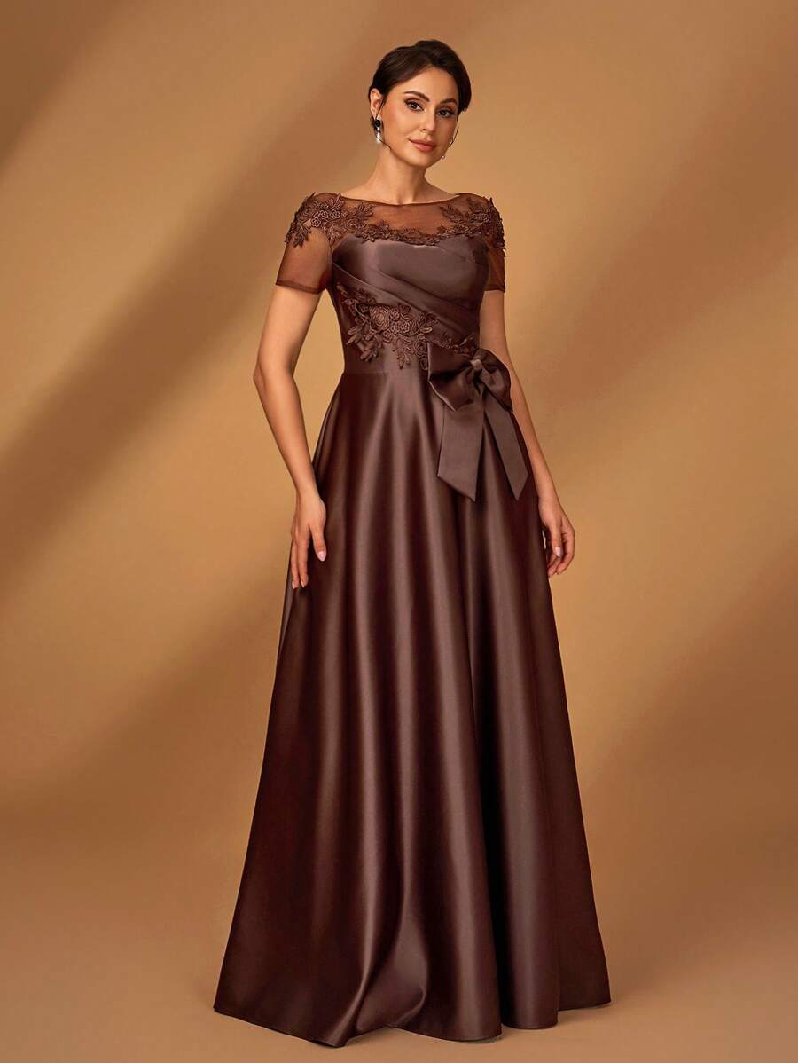 Elegant A-Line Illusion-Neck Cap-Sleeve Keyhole-Back Floor-Length Mother of the Bride Dresses