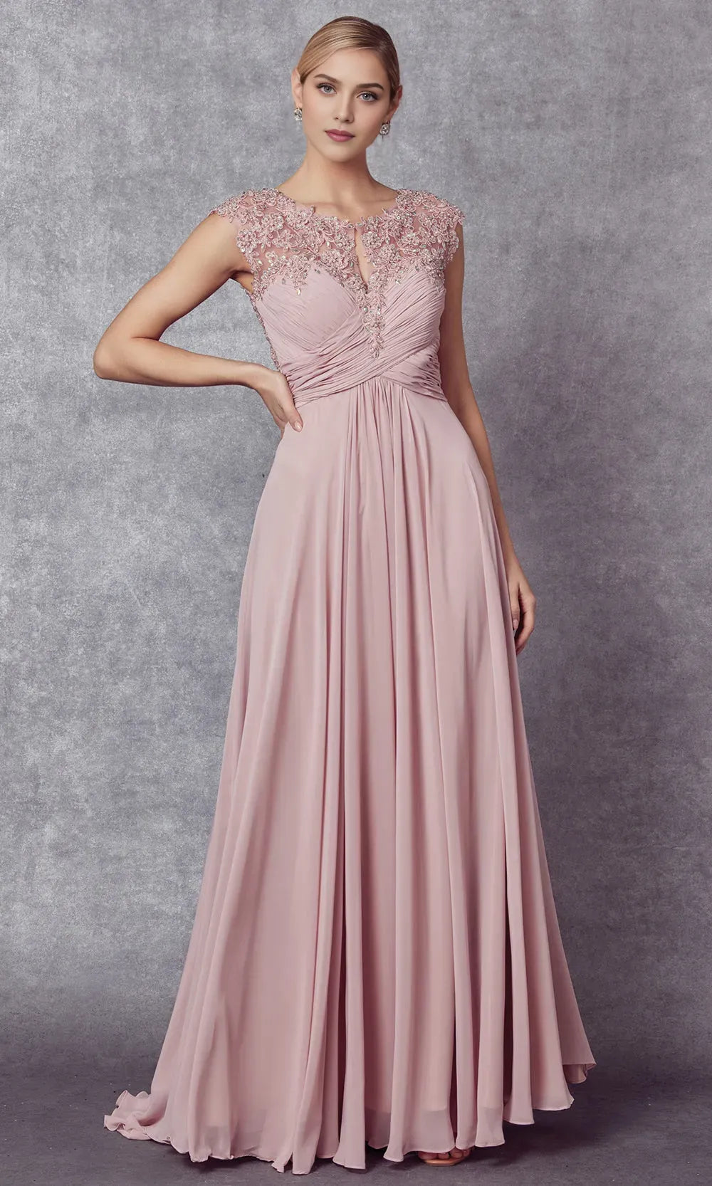 Elegant A-Line Illusion Neck Cap Sleeve Lace-Embellished Ruched Bodice Floor-Length Mother of the Bride Dress ﻿