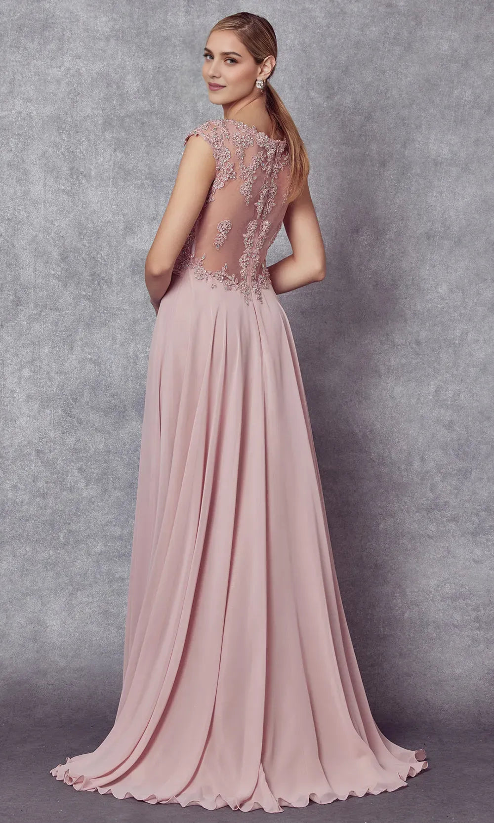 Elegant A-Line Illusion Neck Cap Sleeve Lace-Embellished Ruched Bodice Floor-Length Mother of the Bride Dress ﻿
