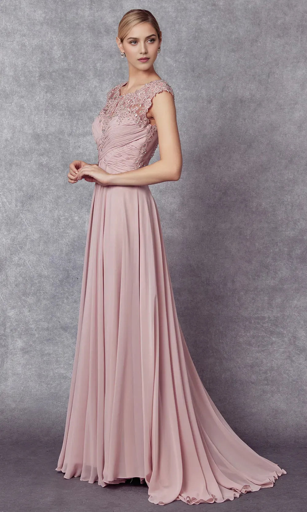 Elegant A-Line Illusion Neck Cap Sleeve Lace-Embellished Ruched Bodice Floor-Length Mother of the Bride Dress ﻿
