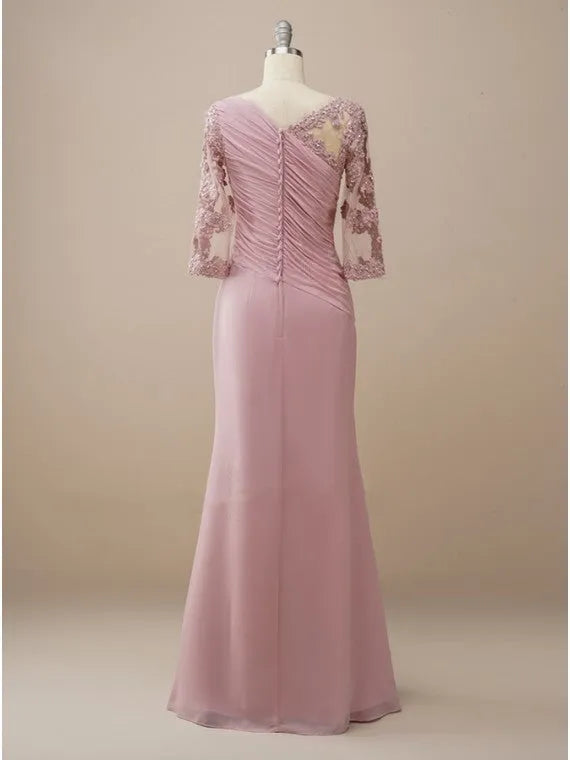 Elegant A-Line Illusion Neck Charming Mermaid Asymmetric Neck Lace Sleeve Ruched Back Floor-Length Mother Of The Bride DressesSleeve V-Back Floor-Length Mother Of The Bride Dresses（副本）