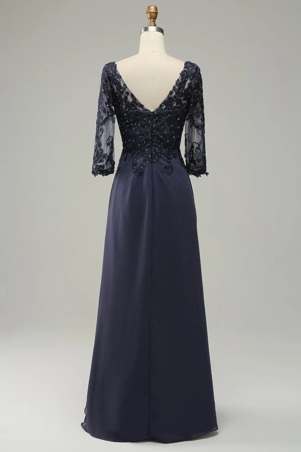 Elegant A-Line Illusion Neck Embellished Sleeve V-Back Floor-Length Mother Of The Bride Dresses