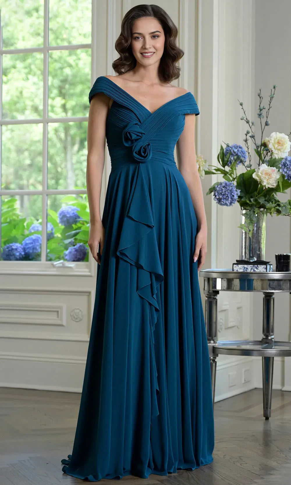Elegant  A-Line Off-Shoulder Cap Sleeves Pleated Ruffled V-Open Back Floral-Embellished Floor-Length Mother of the Bride Dress ﻿