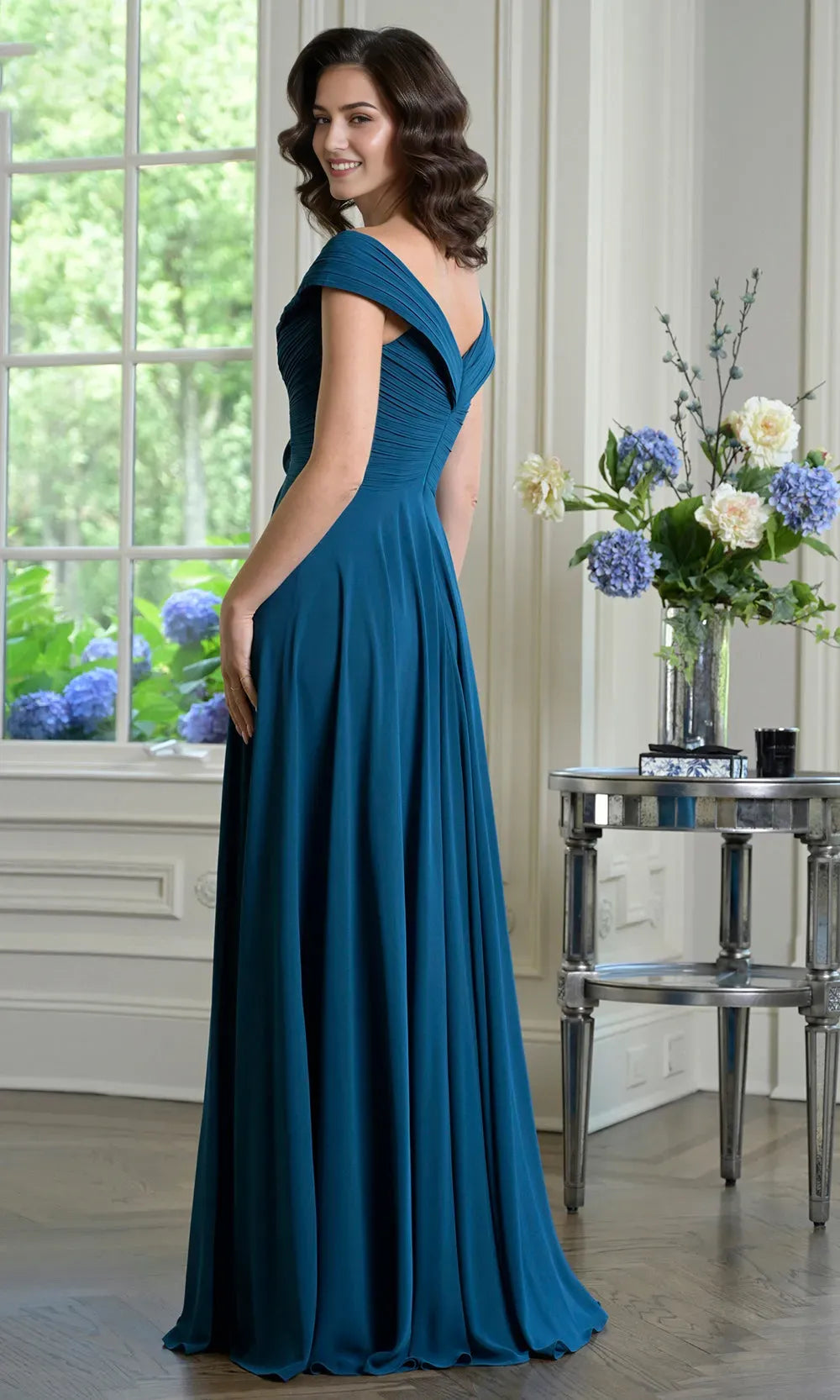 Elegant  A-Line Off-Shoulder Cap Sleeves Pleated Ruffled V-Open Back Floral-Embellished Floor-Length Mother of the Bride Dress ﻿