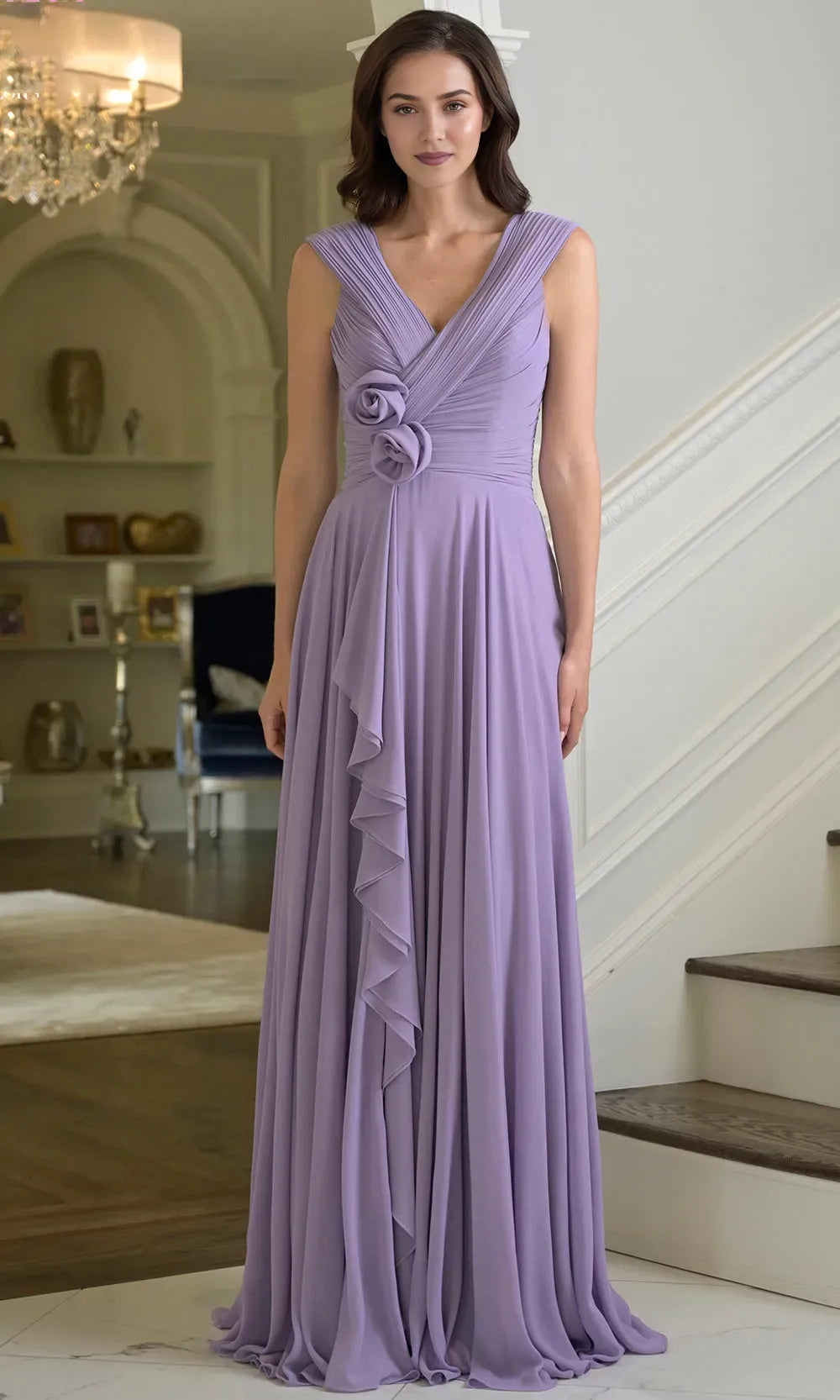 Elegant  A-Line Off-Shoulder Cap Sleeves Pleated Ruffled V-Open Back Floral-Embellished Floor-Length Mother of the Bride Dress ﻿