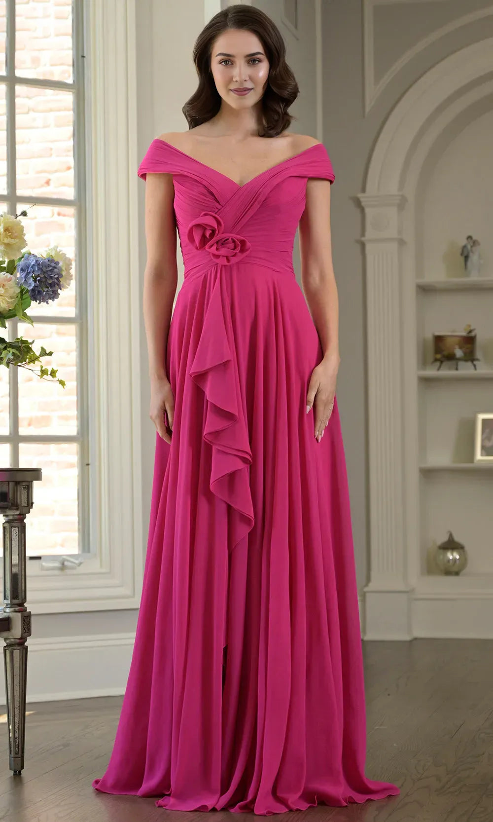 Elegant  A-Line Off-Shoulder Cap Sleeves Pleated Ruffled V-Open Back Floral-Embellished Floor-Length Mother of the Bride Dress ﻿