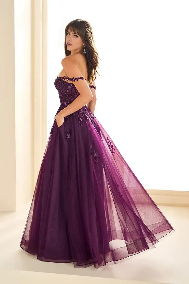 Elegant A-Line Off-Shoulder Sleeveless Lace Embellished Tulle High Side Slit Floor-Length Prom Dresses Appliques