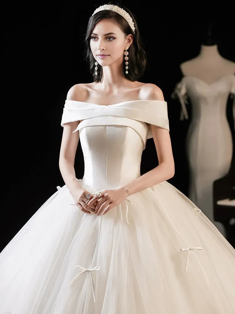 Elegant A-Line Off-Shoulder Sleeveless Tulle Lace-Up Floor-Length Wedding Dress for female guests hot sale