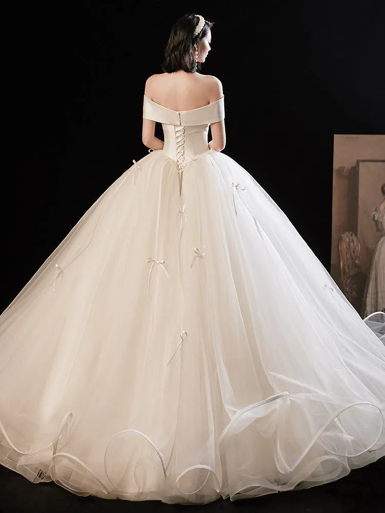 Elegant A-Line Off-Shoulder Sleeveless Tulle Lace-Up Floor-Length Wedding Dress for female guests hot sale