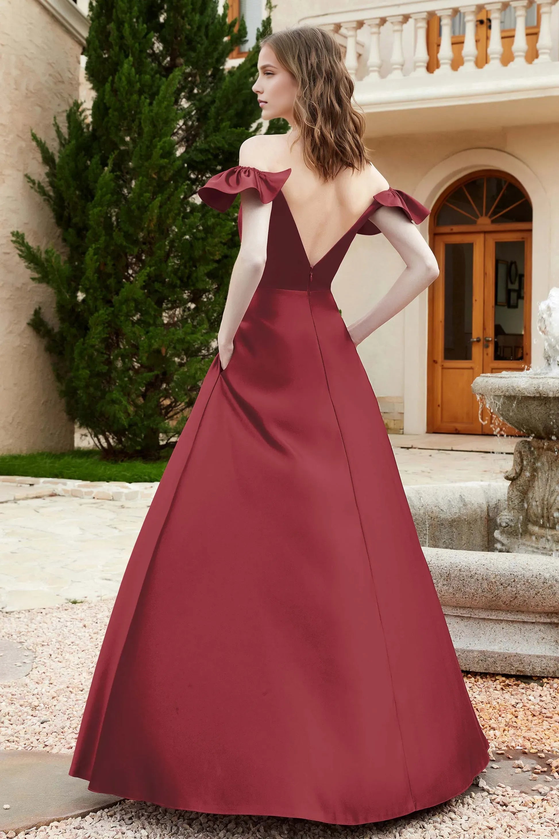 Elegant A-Line Off-the-Shoulder Flutter Sleeves Ruched Backless Back Zip Satin Floor-Length Prom Dresses With Slit