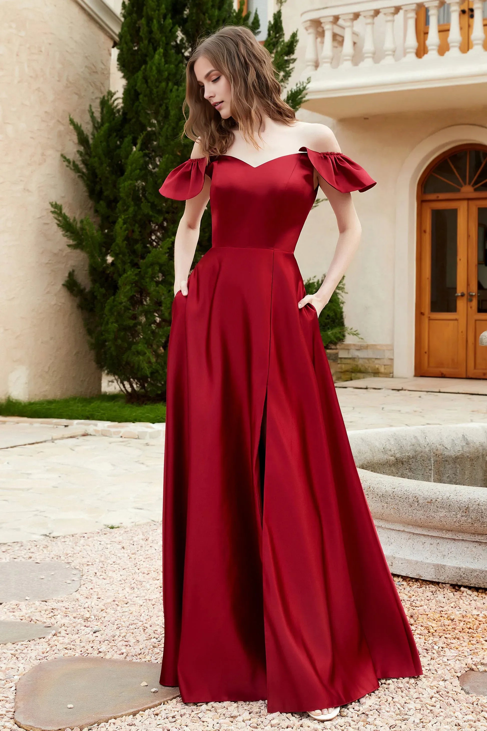Elegant A-Line Off-the-Shoulder Flutter Sleeves Ruched Backless Back Zip Satin Floor-Length Prom Dresses With Slit