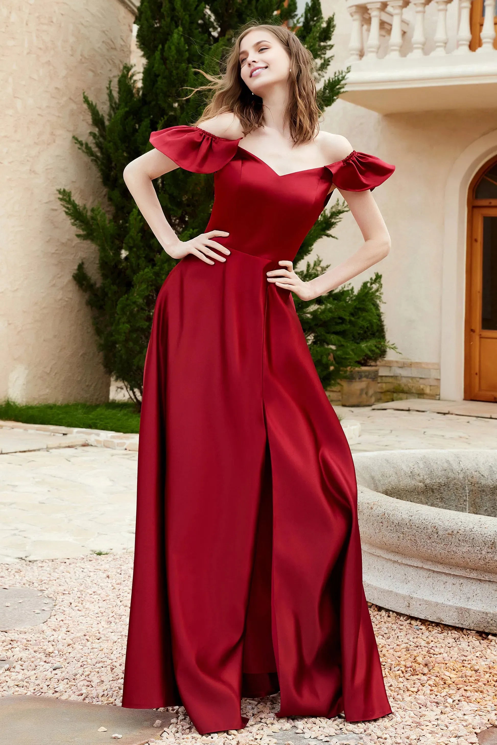 Elegant A-Line Off-the-Shoulder Flutter Sleeves Ruched Backless Back Zip Satin Floor-Length Prom Dresses With Slit