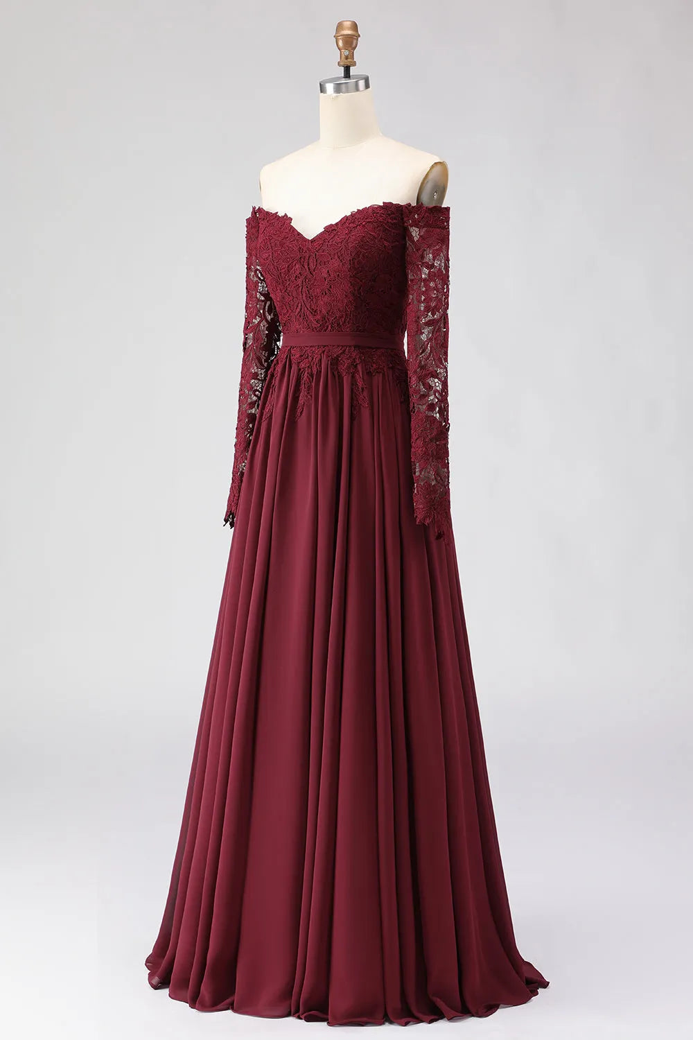 Elegant A-Line Off-the-Shoulder Lace-Sleeve Zip Back Long Mother of the Bride Dresses