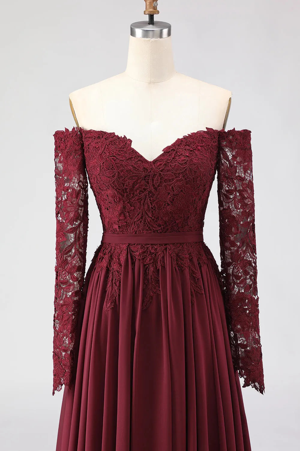 Elegant A-Line Off-the-Shoulder Lace-Sleeve Zip Back Long Mother of the Bride Dresses
