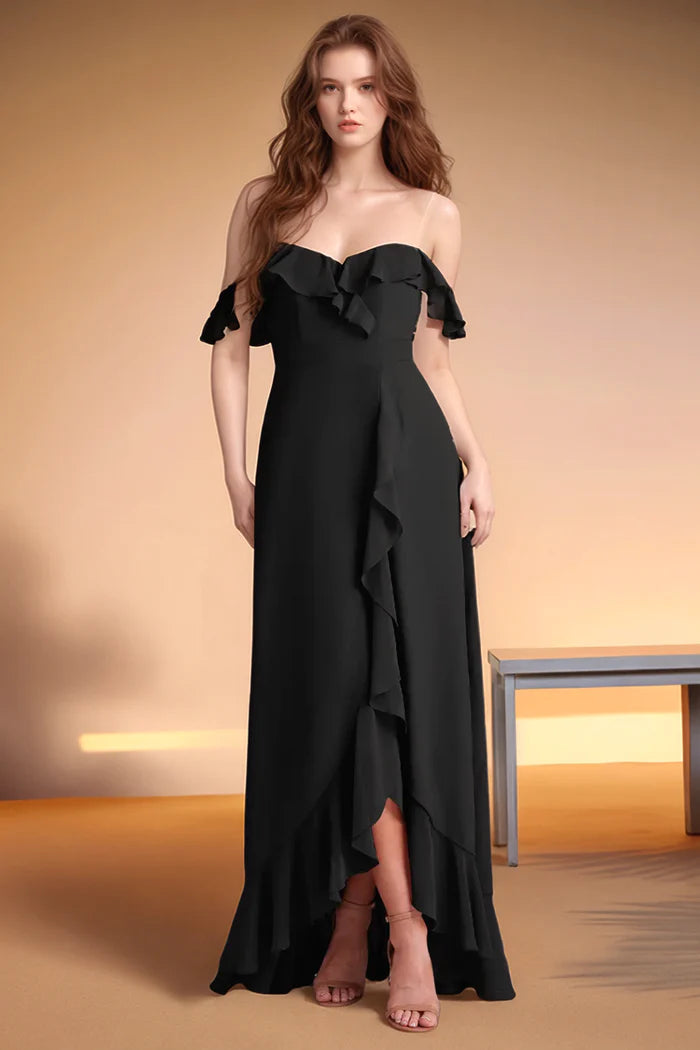 Elegant A-Line Off-the-Shoulder Ruffled Sleeveless Open Back Floor-Length Formal Bridesmaid Dresses