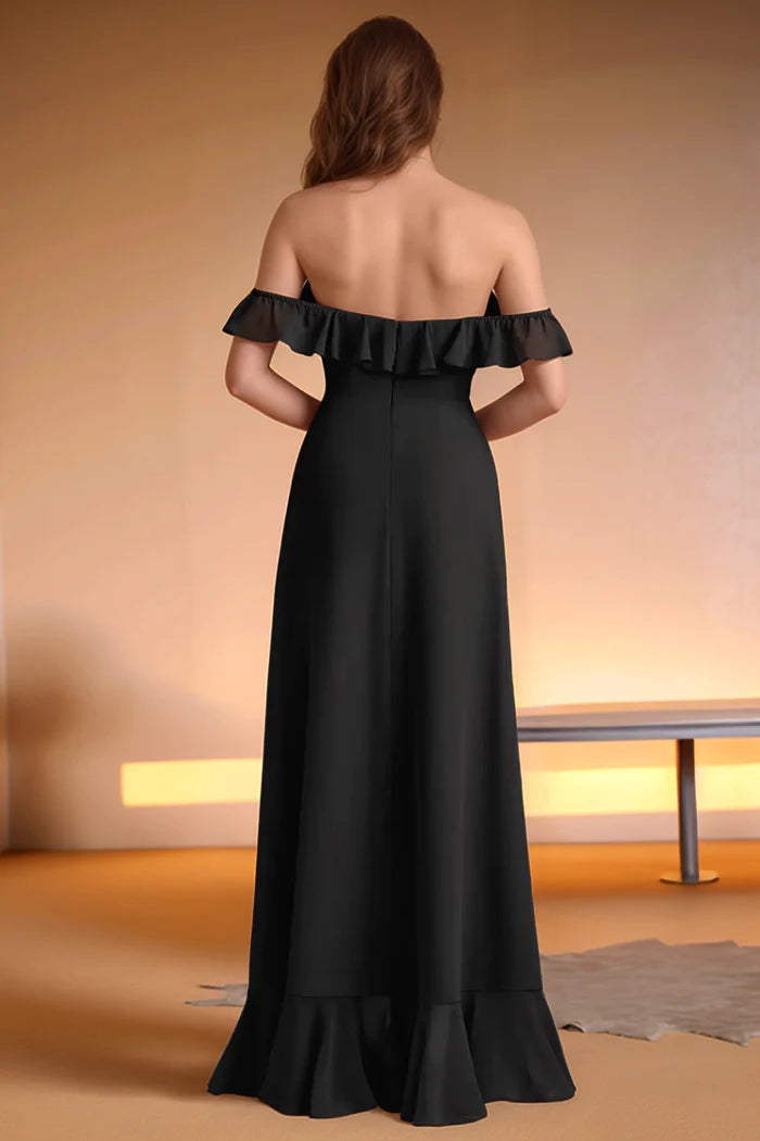 Elegant A-Line Off-the-Shoulder Ruffled Sleeveless Open Back Floor-Length Formal Bridesmaid Dresses