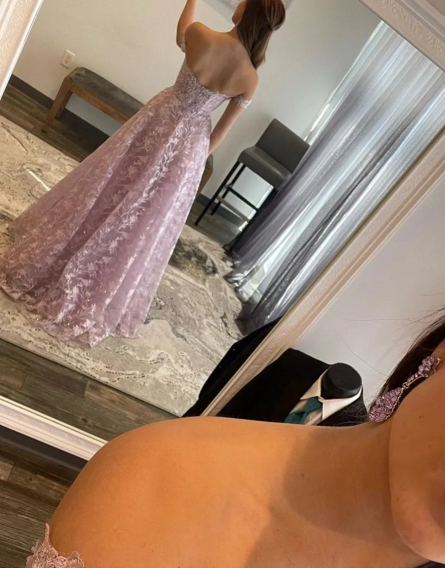 Elegant A-Line Off The Shoulder Sleeveless Lace Appliques Tulle Back Zip Floor-Length Prom Dress With Sequin