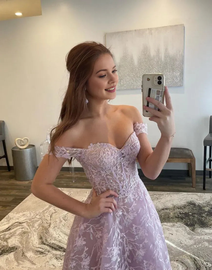 Elegant A-Line Off The Shoulder Sleeveless Lace Appliques Tulle Back Zip Floor-Length Prom Dress With Sequin