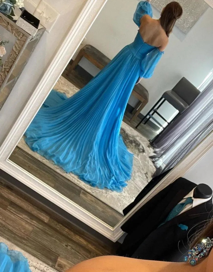 Elegant A-Line Off the Shoulder Long-Sleeve Tulle Embellished Back Zip High-Slit Floor-Length Prom Dress With Detachable Sleeves