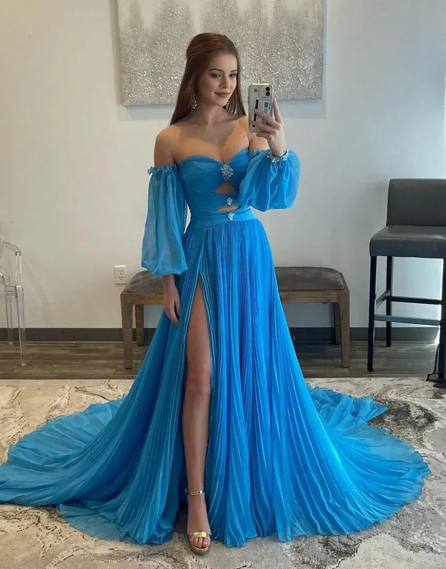 Elegant A-Line Off the Shoulder Long-Sleeve Tulle Embellished Back Zip High-Slit Floor-Length Prom Dress With Detachable Sleeves