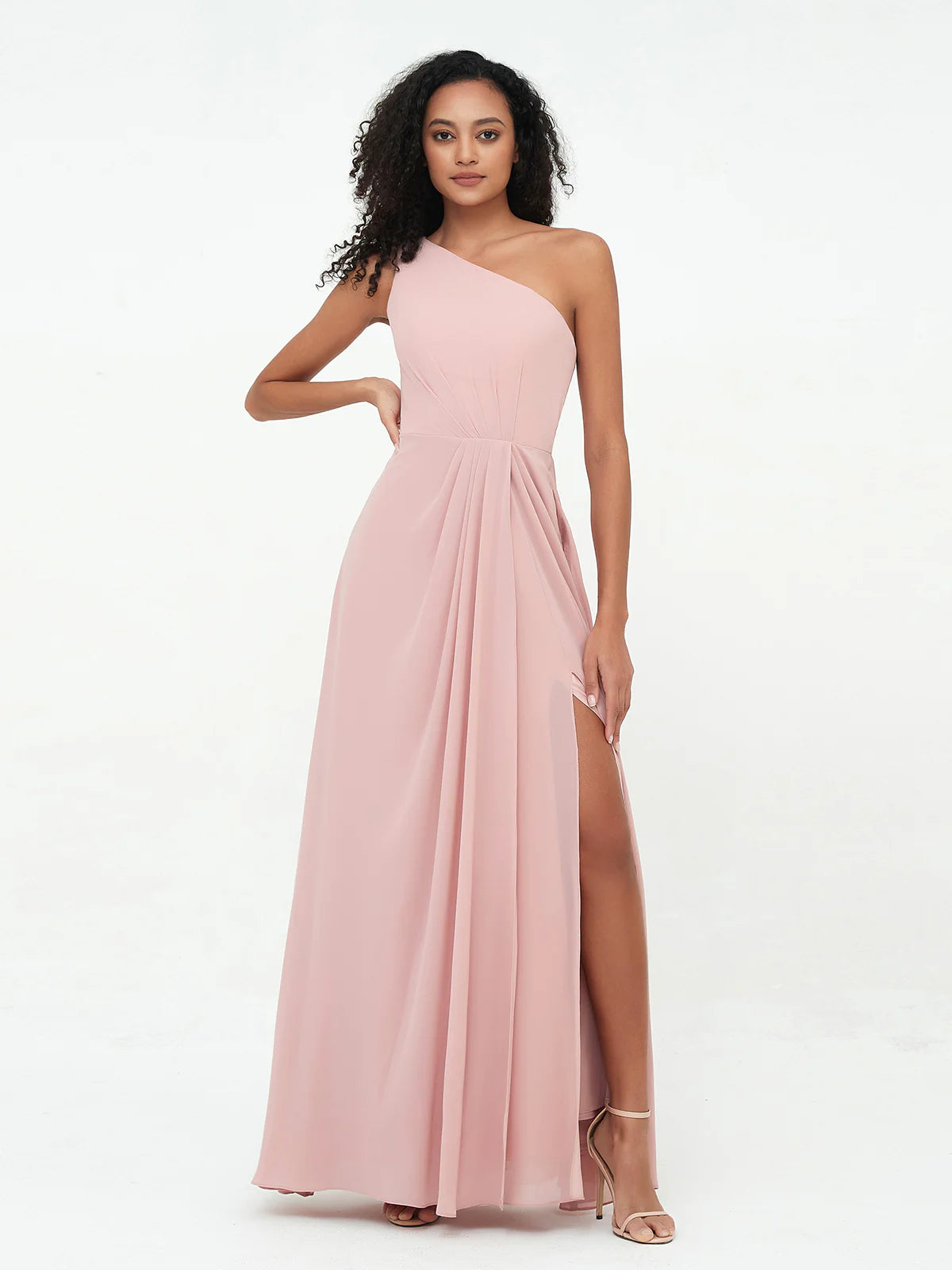 Elegant A-Line One-Shoulder Sleeveless Pleated Back Zip High-Slit Floor-Length Bridesmaid Dresses Hot Sale for ladies