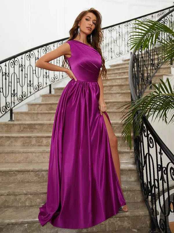 Elegant A-Line One-Shoulder Sleeveless Zipper Back Long Evening Dresses