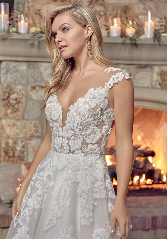Elegant A-Line Plunge Neck Illusion Sleeve Open Back Train Wedding Dresses