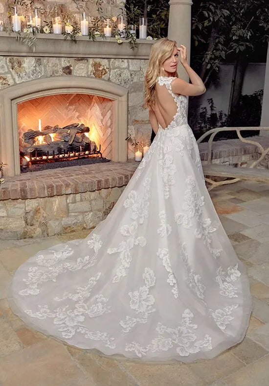 Elegant A-Line Plunge Neck Illusion Sleeve Open Back Train Wedding Dresses