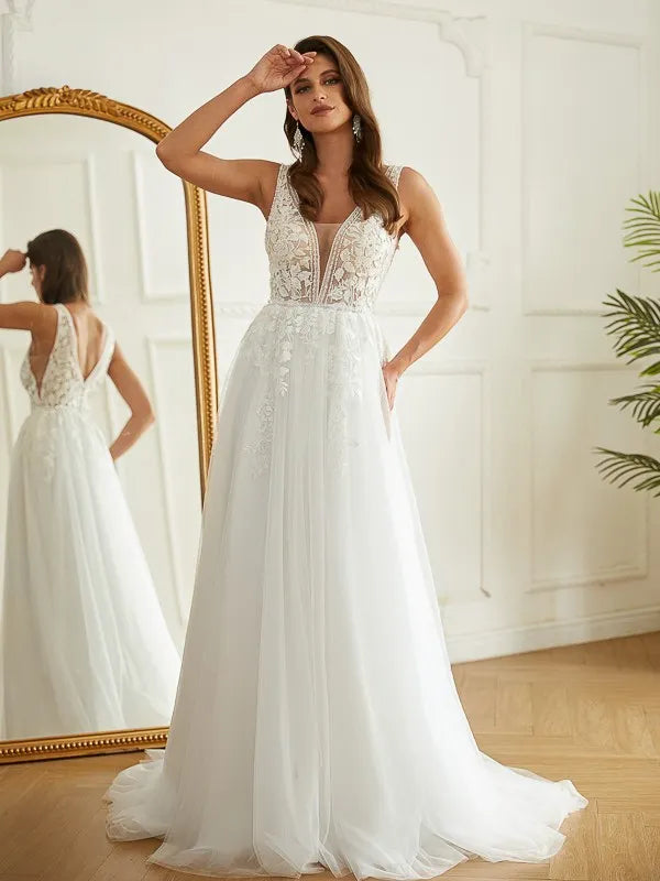 Elegant A-Line Plunge Neck Sleeveless Lace Back Train Tulle Applique Wedding Dresses