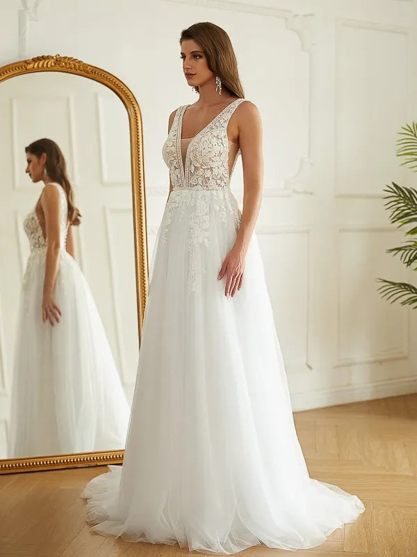 Elegant A-Line Plunge Neck Sleeveless Lace Back Train Tulle Applique Wedding Dresses