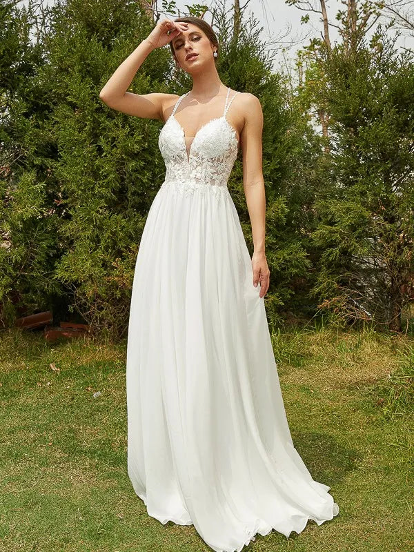 Elegant A-Line Plunge Neck Spaghetti Strap Cross Back Train Wedding Dresses