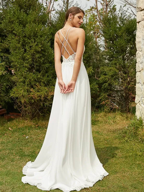 Elegant A-Line Plunge Neck Spaghetti Strap Cross Back Train Wedding Dresses