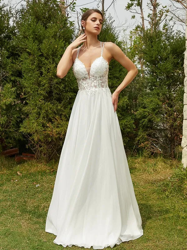Elegant A-Line Plunge Neck Spaghetti Strap Cross Back Train Wedding Dresses