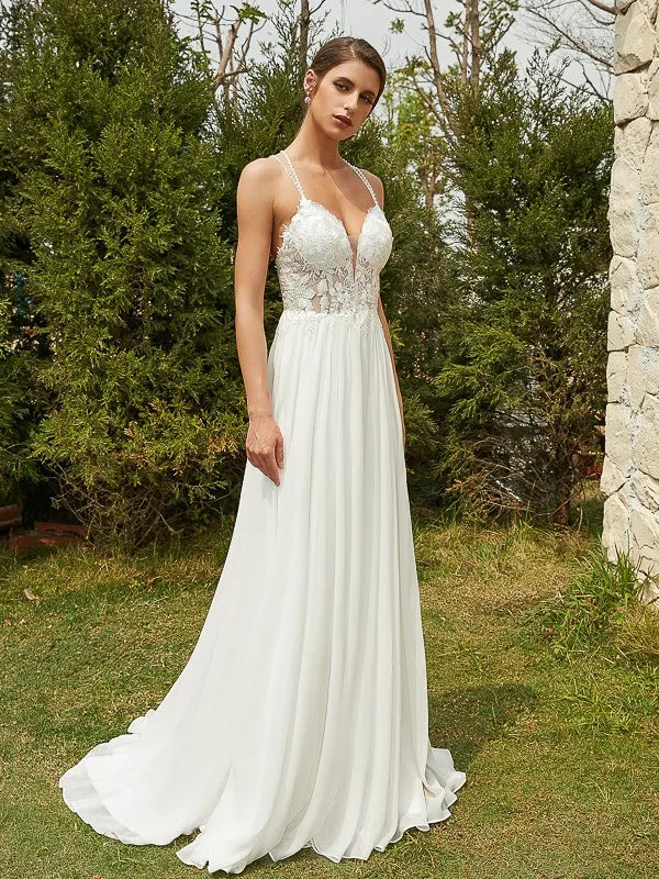 Elegant A-Line Plunge Neck Spaghetti Strap Cross Back Train Wedding Dresses