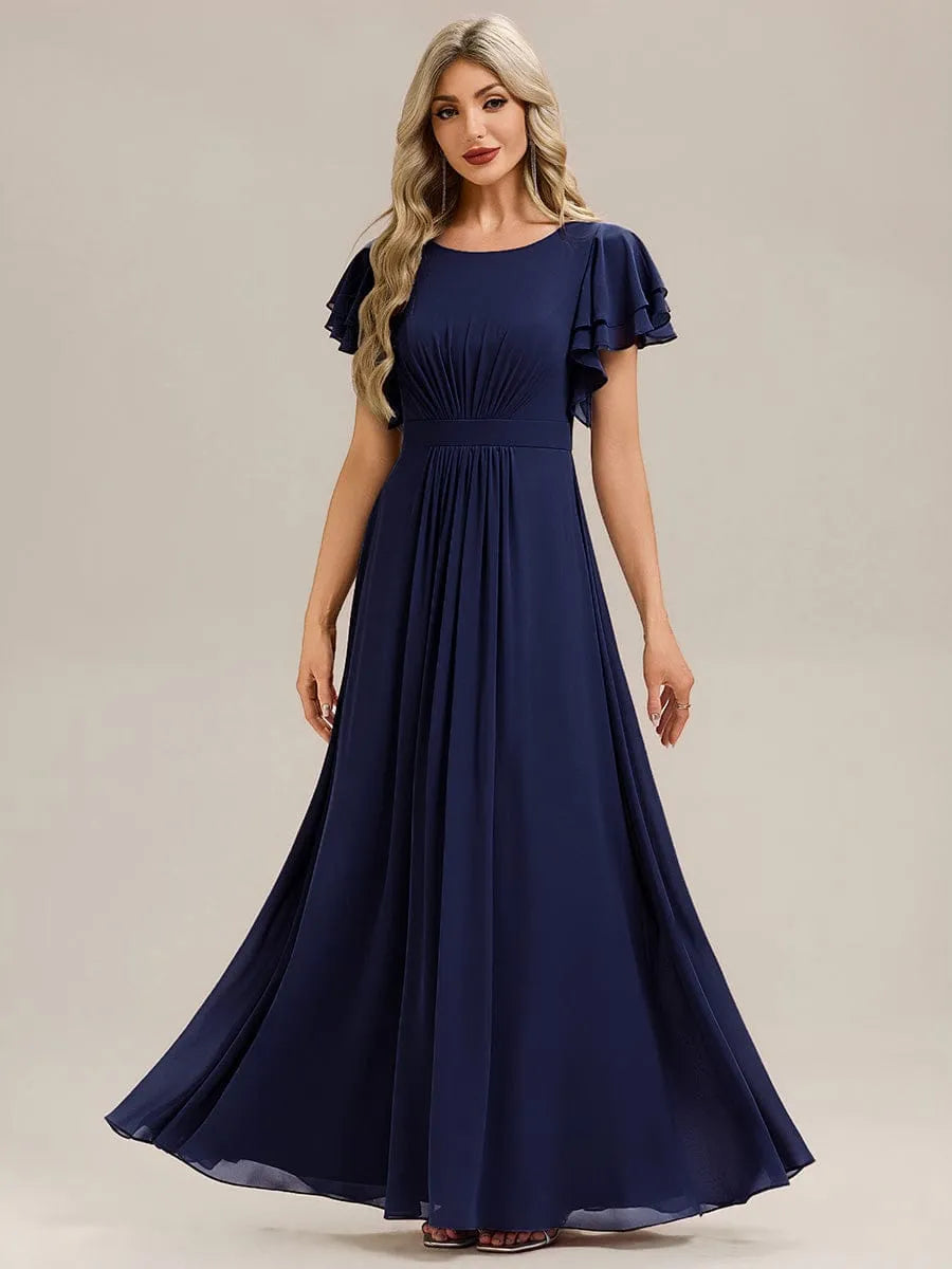Elegant A-Line Round Neck Flutter-Sleeve Zipper-Back Floor-Length Bridesmaid Dresses