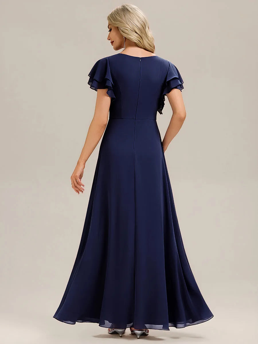 Elegant A-Line Round Neck Flutter-Sleeve Zipper-Back Floor-Length Bridesmaid Dresses