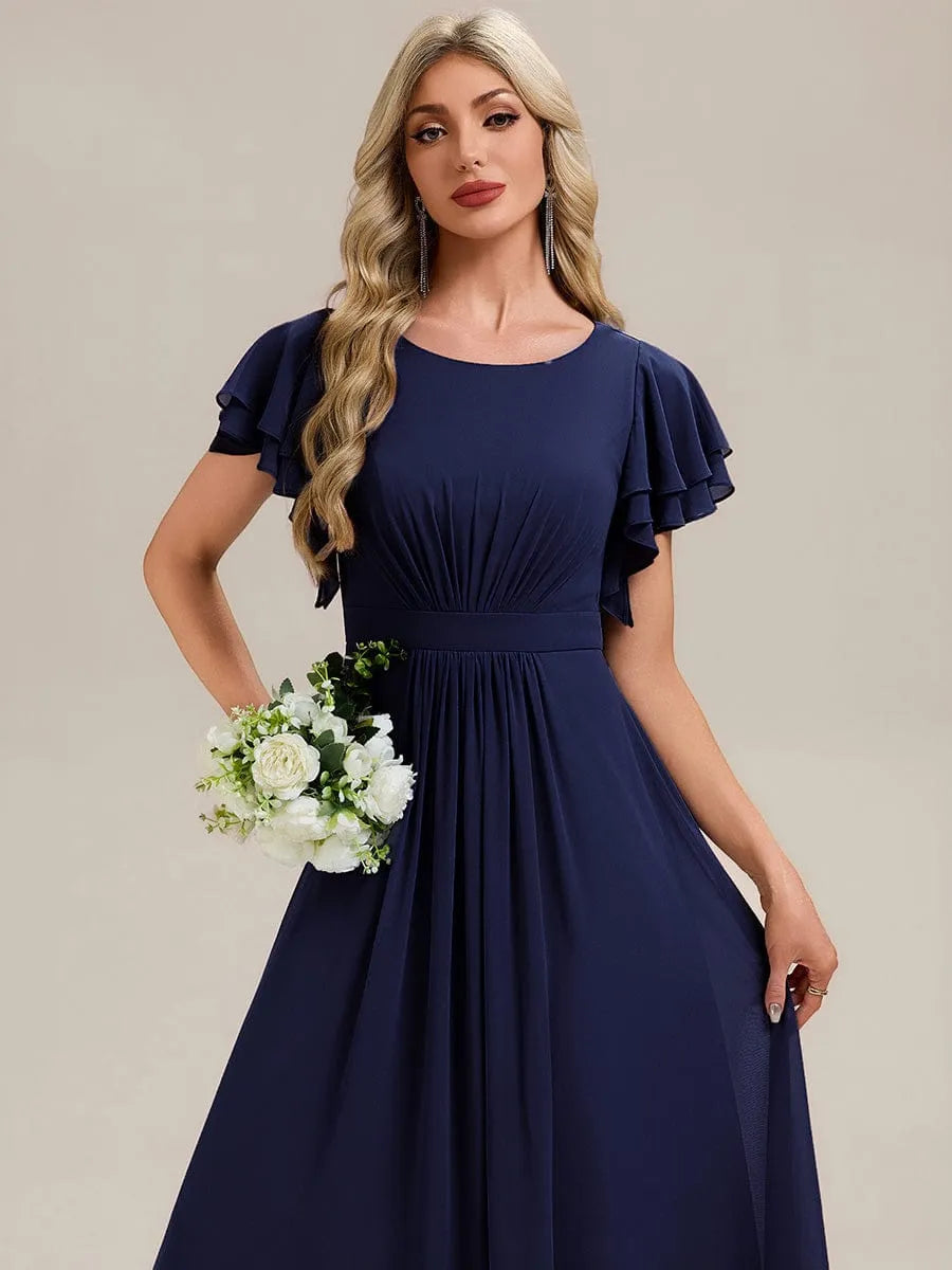 Elegant A-Line Round Neck Flutter-Sleeve Zipper-Back Floor-Length Bridesmaid Dresses