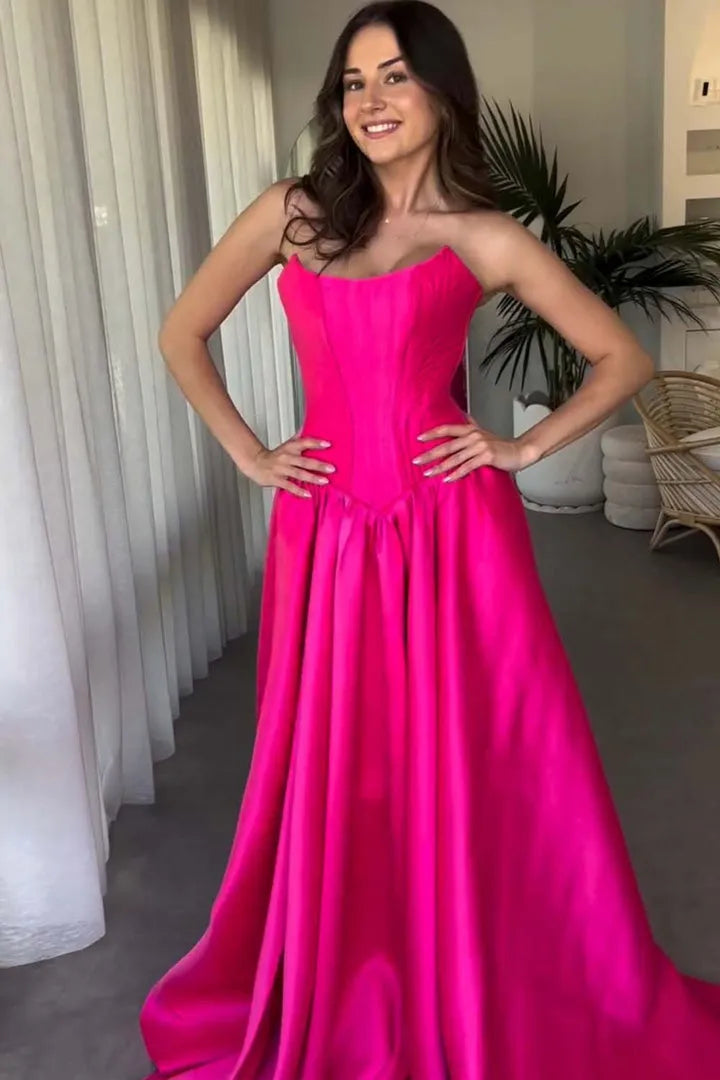 Elegant A-Line Satin Strapless Sleeveless Lace-Up Back Floor-Length Prom dresses hot sale