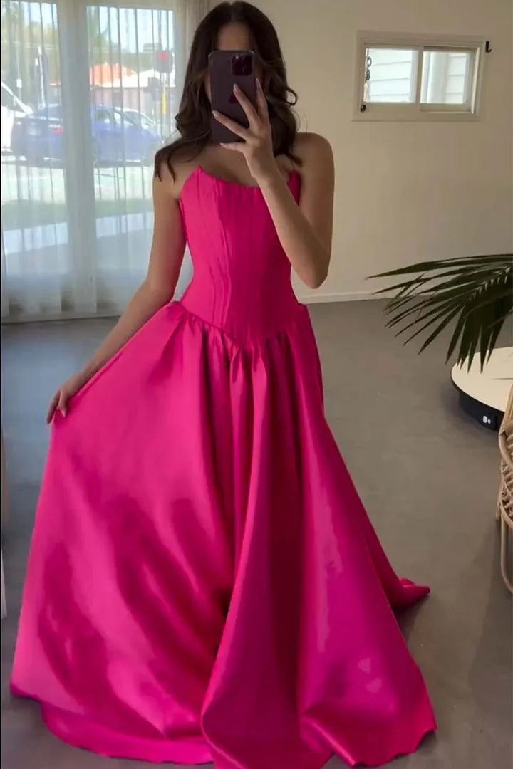 Elegant A-Line Satin Strapless Sleeveless Lace-Up Back Floor-Length Prom dresses hot sale