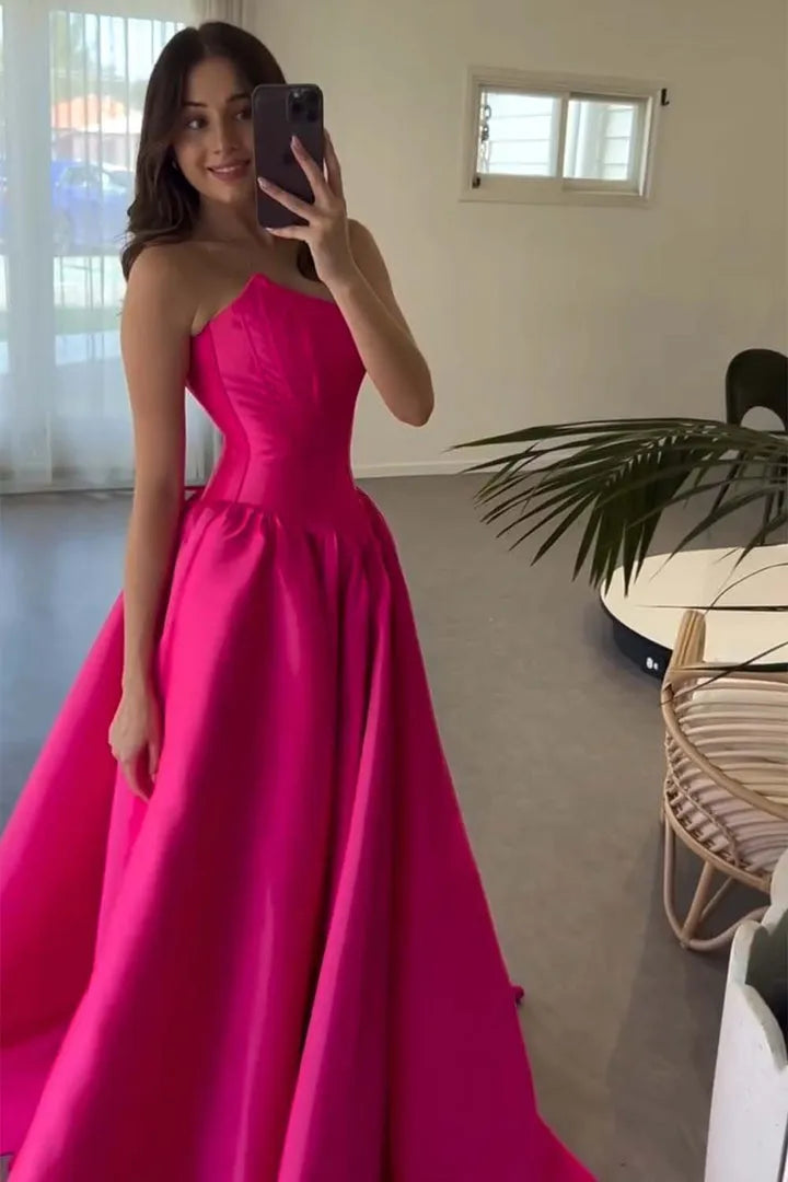 Elegant A-Line Satin Strapless Sleeveless Lace-Up Back Floor-Length Prom dresses hot sale