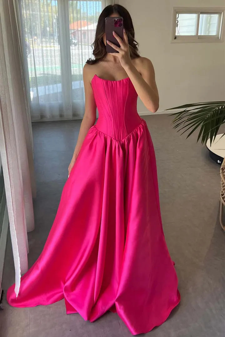 Elegant A-Line Satin Strapless Sleeveless Lace-Up Back Floor-Length Prom dresses hot sale
