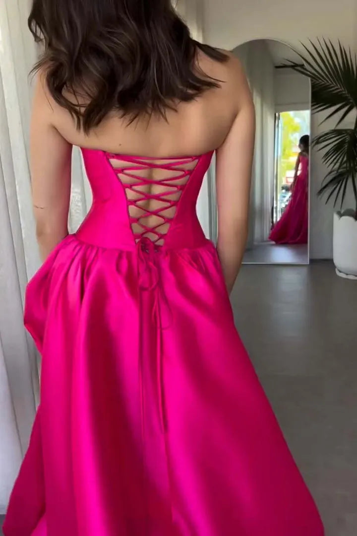 Elegant A-Line Satin Strapless Sleeveless Lace-Up Back Floor-Length Prom dresses hot sale
