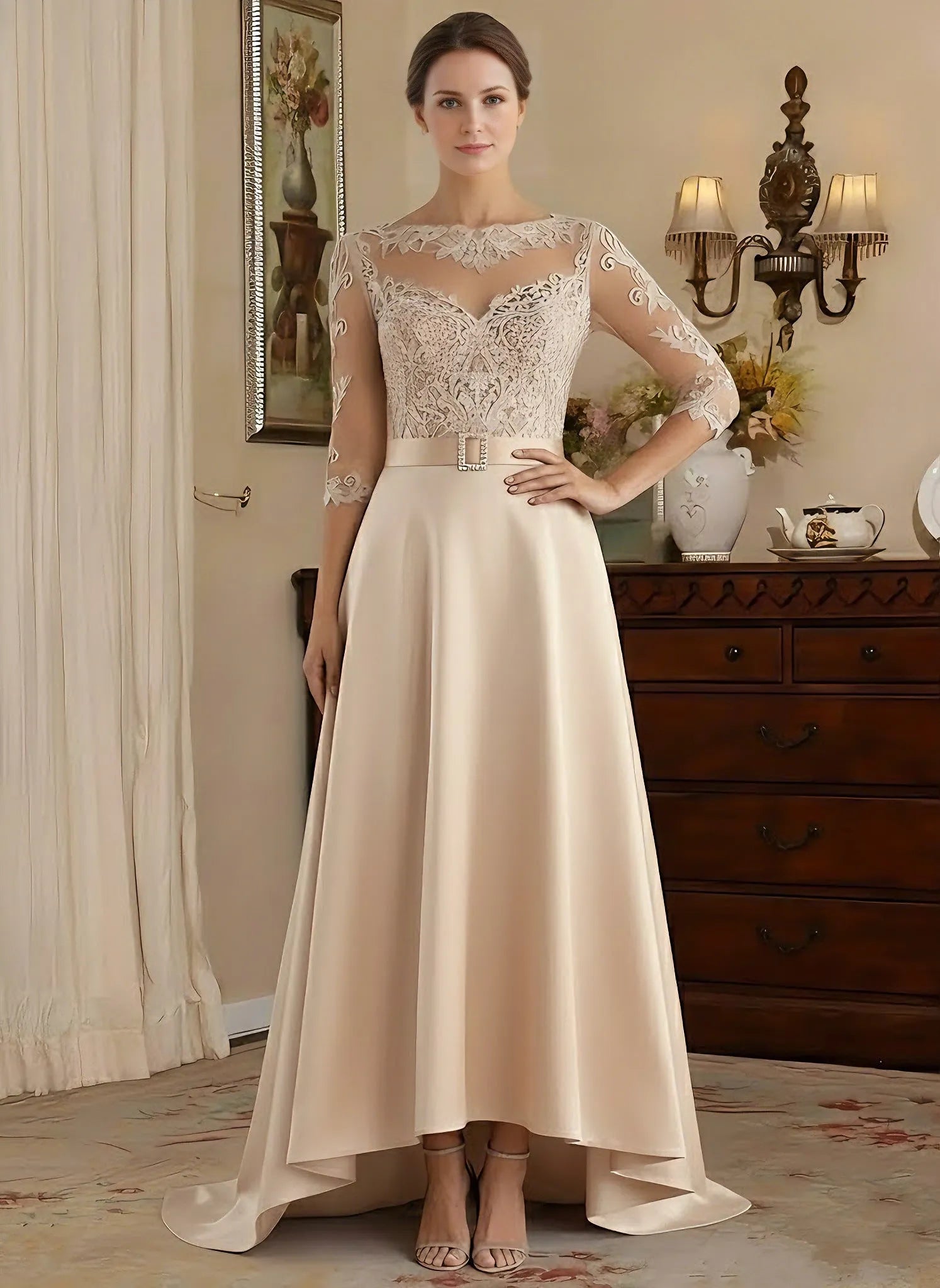 Elegant A-Line Scoop Neck Lace-Sleeve Zip Back Long Mother of the Bride Dresses