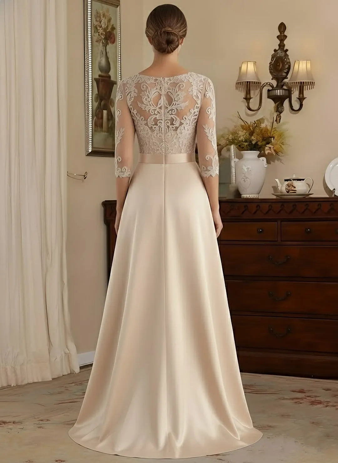 Elegant A-Line Scoop Neck Lace-Sleeve Zip Back Long Mother of the Bride Dresses