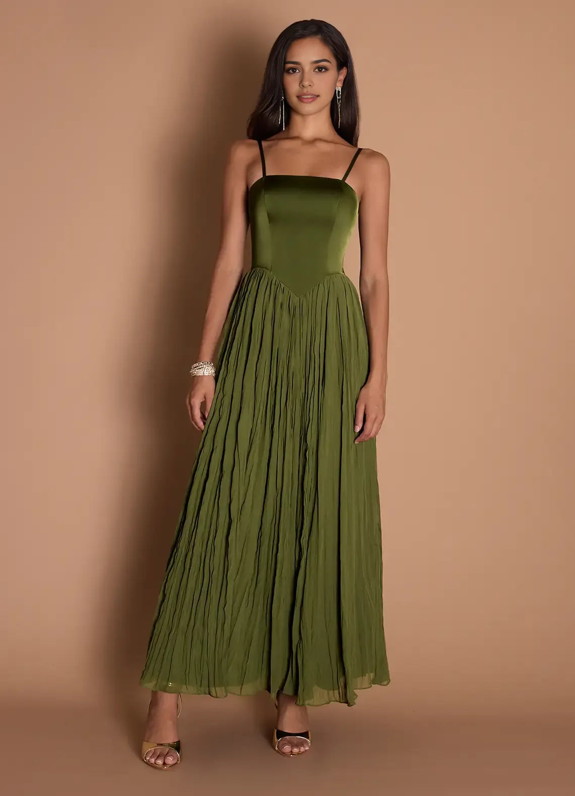 Elegant A-Line Spaghetti-Strap Sleeveless Back Zip Floor-Length Olive Pleated Prom Dress with Satin Bodice ﻿