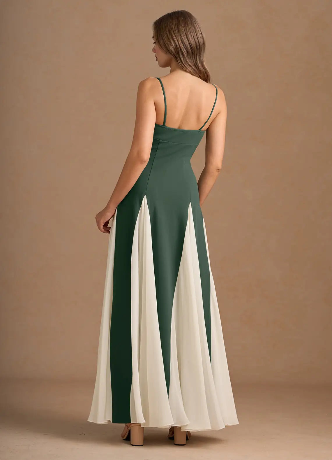 Elegant A-Line Spaghetti-Strap Sleeveless Backless Floor-Length Two-Tone Prom Dress with Flowing Skirt