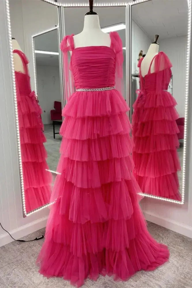 Elegant  A-Line Spaghetti-Straps Sleeveless Ruched Tulle Tiered Lace-Up High-Slit Prom Dress with Bow Tie Straps