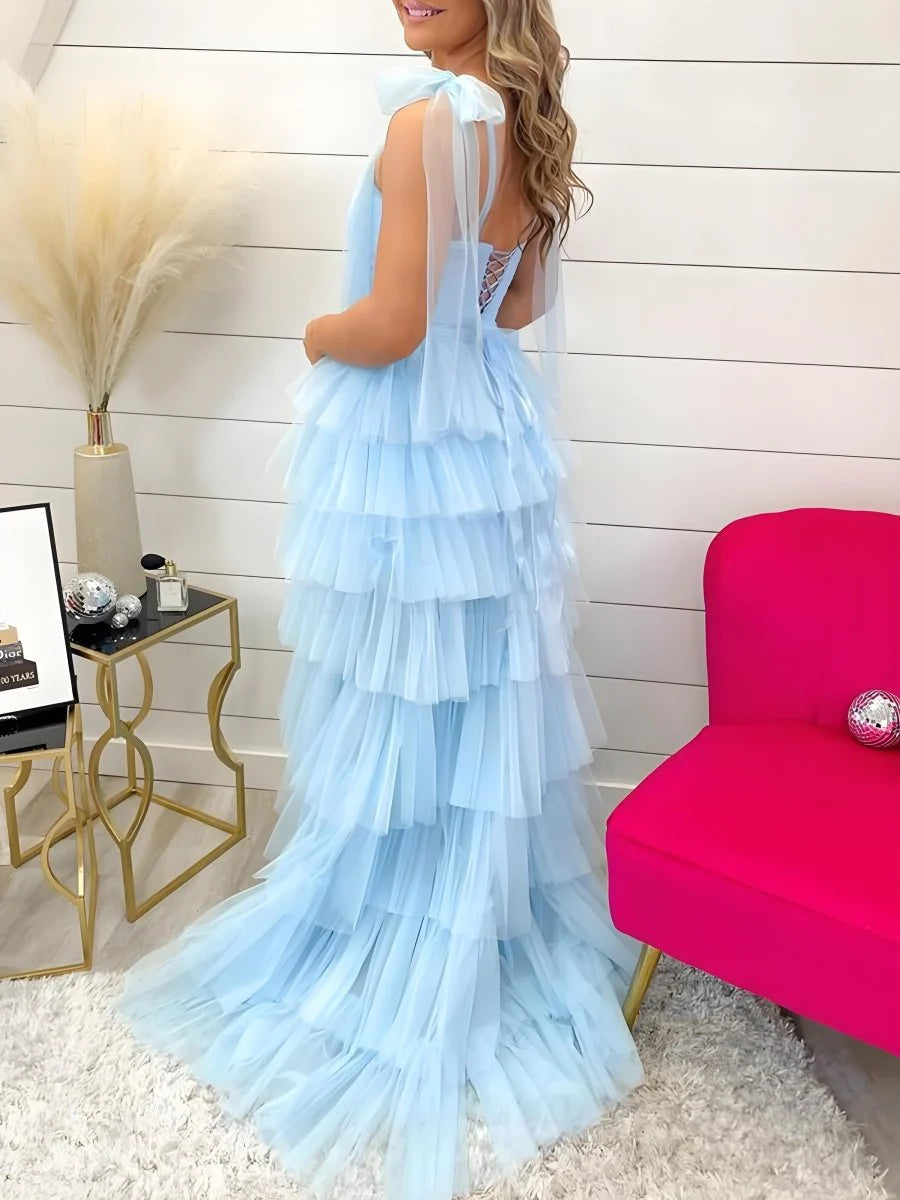 Elegant  A-Line Spaghetti-Straps Sleeveless Ruched Tulle Tiered Lace-Up High-Slit Prom Dress with Bow Tie Straps