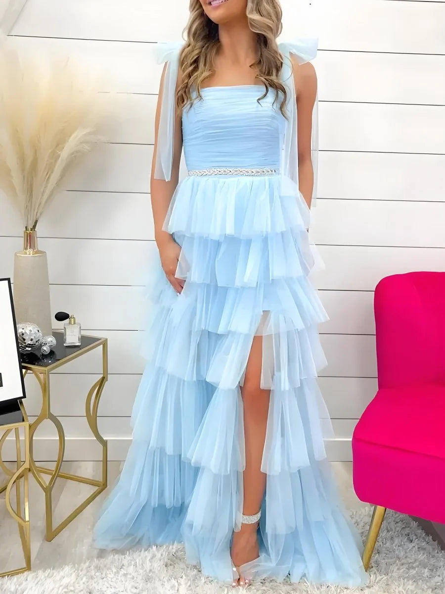 Elegant  A-Line Spaghetti-Straps Sleeveless Ruched Tulle Tiered Lace-Up High-Slit Prom Dress with Bow Tie Straps