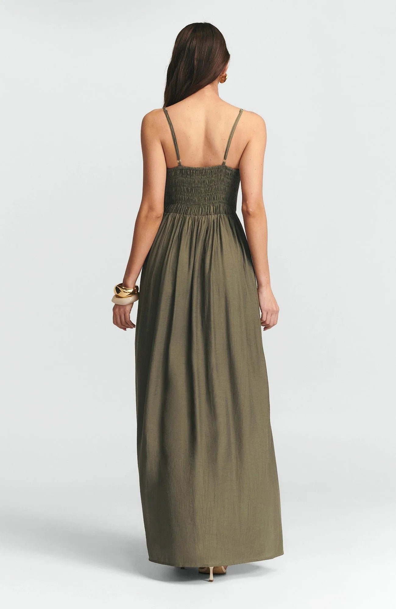 Elegant A-Line Square-Neck Spaghetti-Strap Smocked-Bodice Floor-Length Formal Prom Dresses